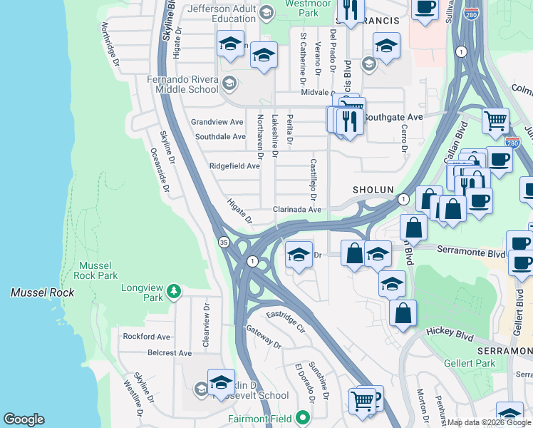 map of restaurants, bars, coffee shops, grocery stores, and more near 731 Clarinada Avenue in Daly City