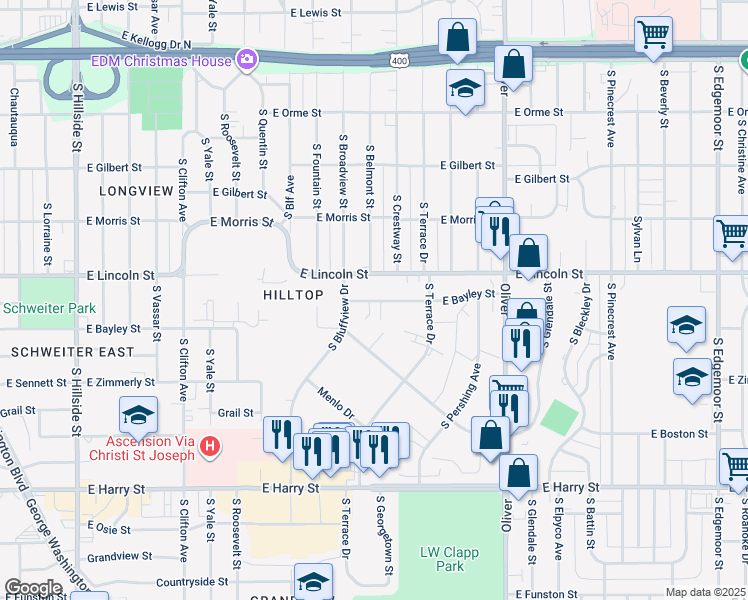 map of restaurants, bars, coffee shops, grocery stores, and more near 4331 East Bayley Street in Wichita