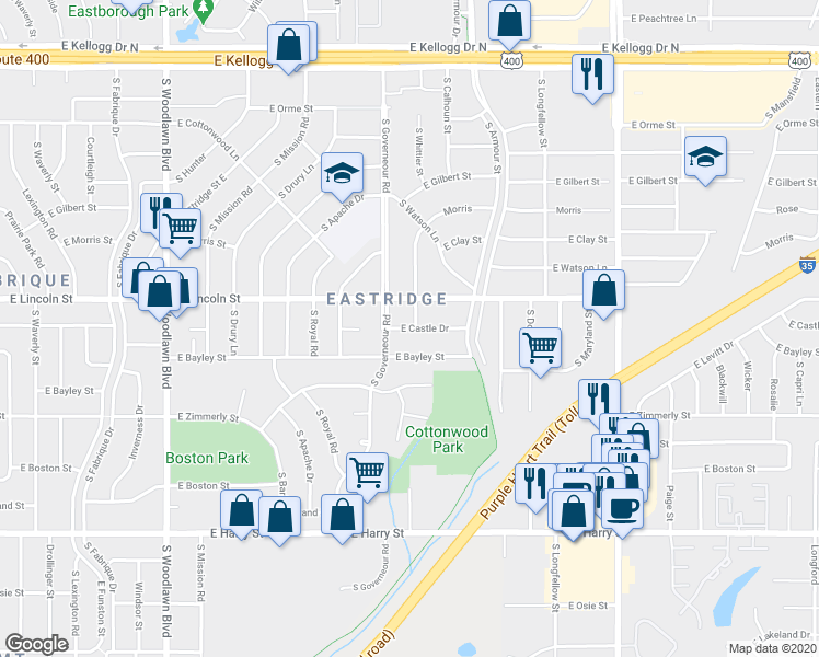 map of restaurants, bars, coffee shops, grocery stores, and more near 7112 East Castle Drive in Wichita