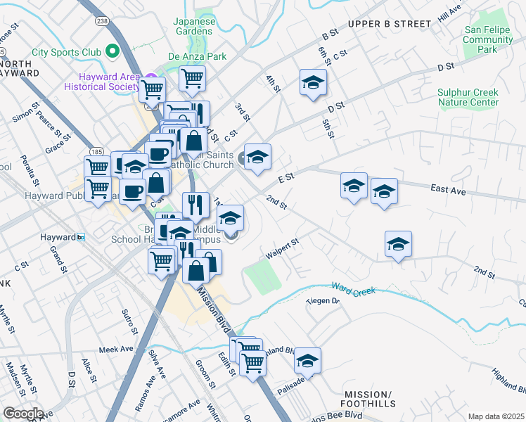 map of restaurants, bars, coffee shops, grocery stores, and more near 23940 Carmelita Drive in Hayward