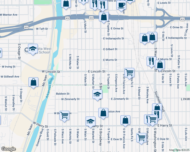 map of restaurants, bars, coffee shops, grocery stores, and more near 1216 South Market Street in Wichita