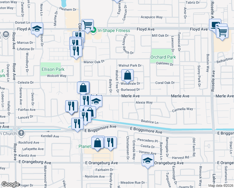 map of restaurants, bars, coffee shops, grocery stores, and more near 2401 Merle Avenue in Modesto