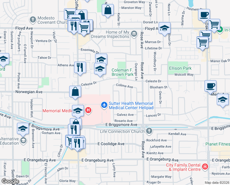 map of restaurants, bars, coffee shops, grocery stores, and more near 1512 Pico Way in Modesto