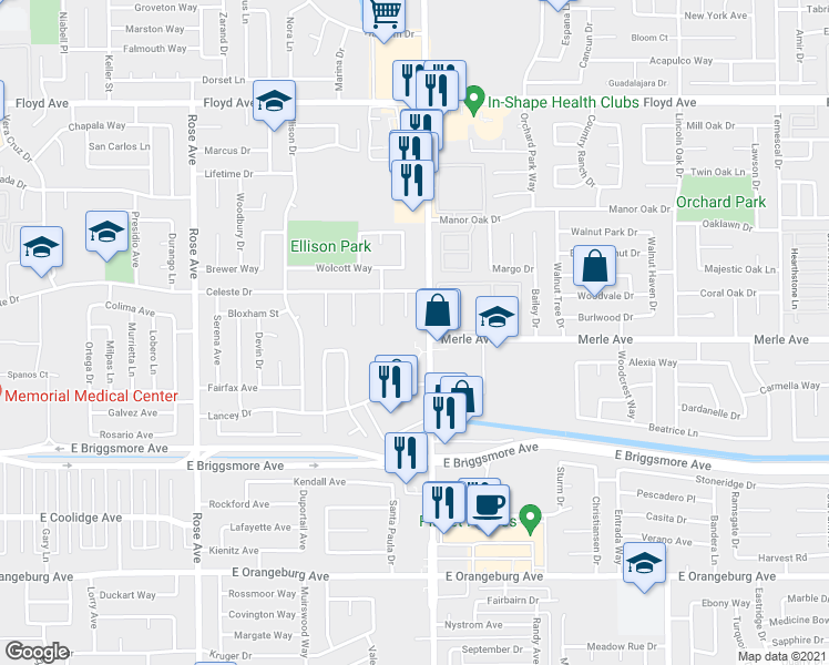 map of restaurants, bars, coffee shops, grocery stores, and more near 1823 Oakdale Road in Modesto