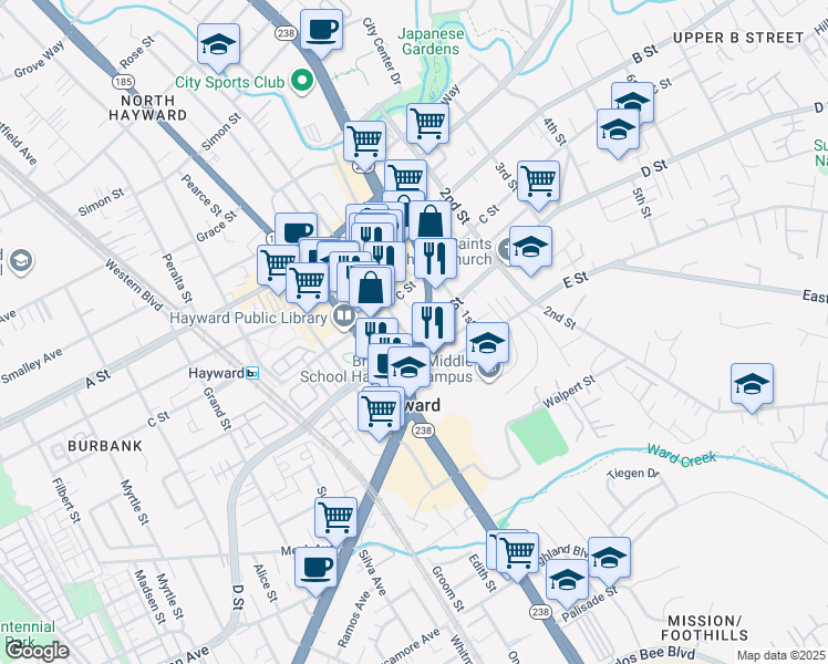 map of restaurants, bars, coffee shops, grocery stores, and more near 22803 Foothill Boulevard in Hayward
