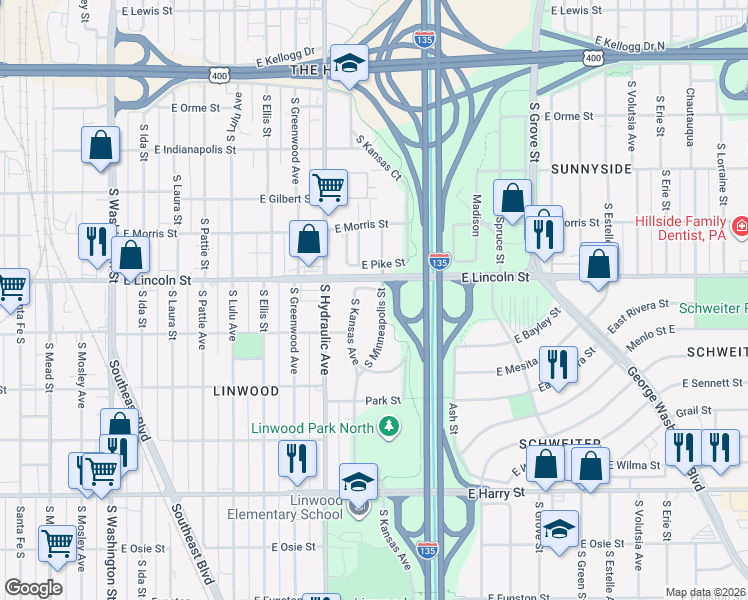 map of restaurants, bars, coffee shops, grocery stores, and more near 1223 South Minneapolis Street in Wichita