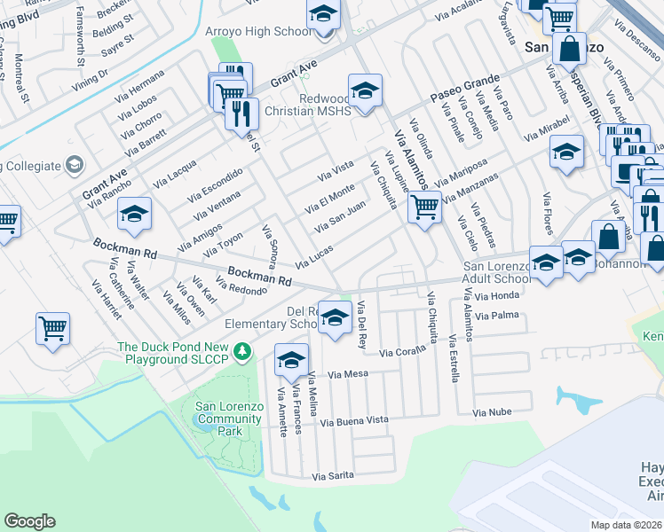 map of restaurants, bars, coffee shops, grocery stores, and more near 1497 Via Manzanas in San Lorenzo