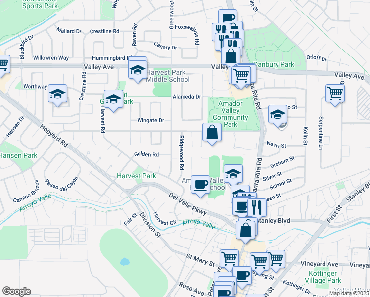 map of restaurants, bars, coffee shops, grocery stores, and more near 1467 Ridgewood Road in Pleasanton