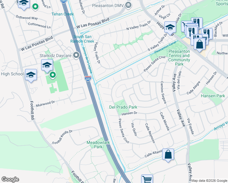 map of restaurants, bars, coffee shops, grocery stores, and more near 3128 Paseo Robles in Pleasanton