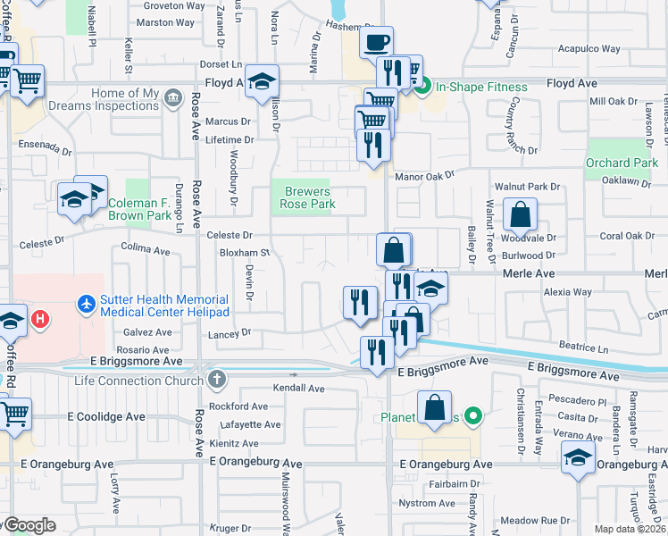 map of restaurants, bars, coffee shops, grocery stores, and more near 1909 Althoff Court in Modesto