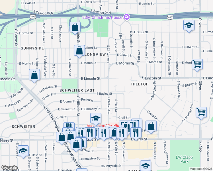 map of restaurants, bars, coffee shops, grocery stores, and more near 927 S Clifton Ave in Wichita