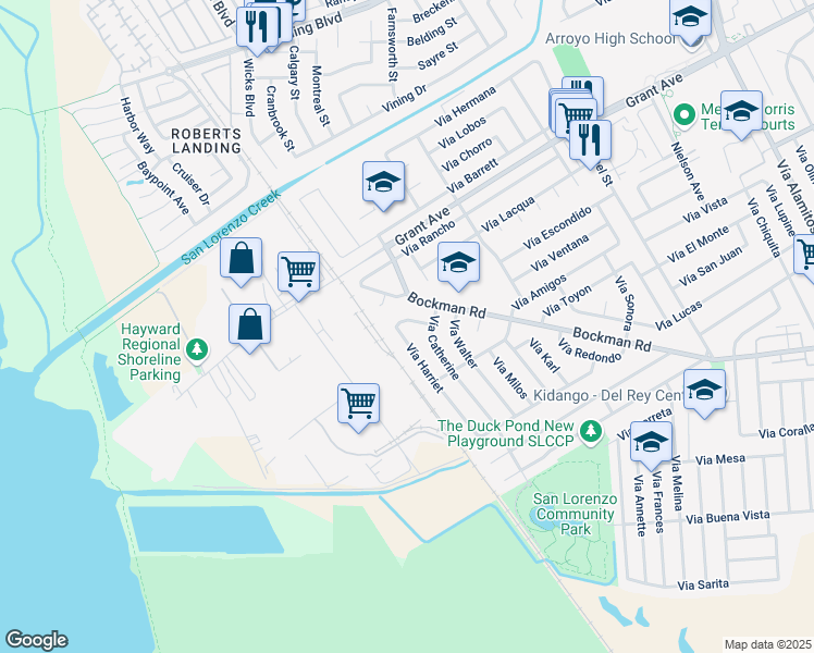 map of restaurants, bars, coffee shops, grocery stores, and more near 16024 Vía Harriet in San Lorenzo