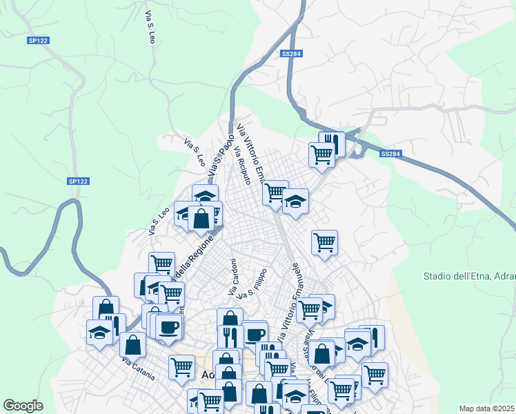 map of restaurants, bars, coffee shops, grocery stores, and more near 17A Via Euripide in Adrano
