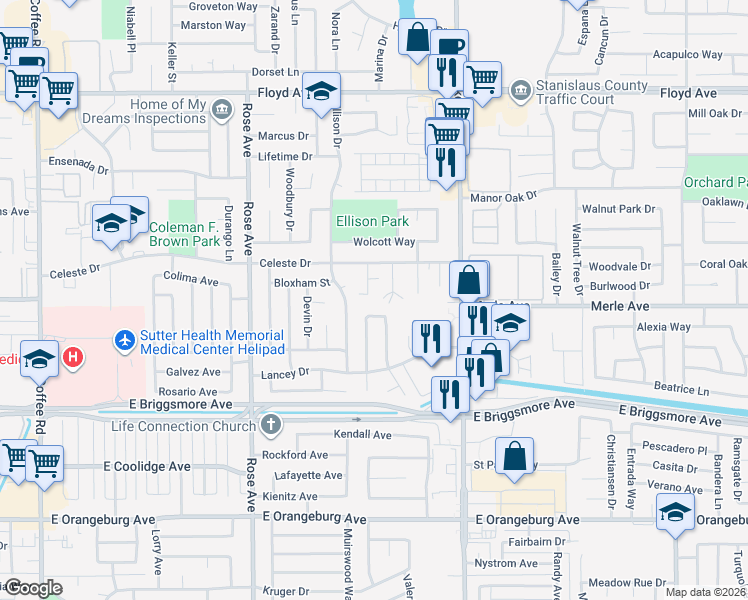map of restaurants, bars, coffee shops, grocery stores, and more near 1906 Celeste Court in Modesto