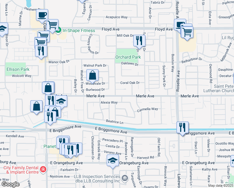 map of restaurants, bars, coffee shops, grocery stores, and more near 2601 Merle Avenue in Modesto