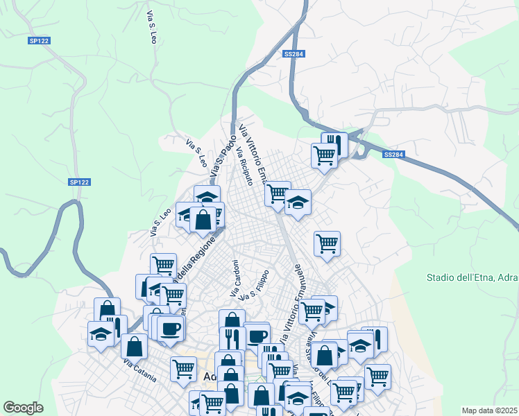 map of restaurants, bars, coffee shops, grocery stores, and more near 17A Via Euripide in Adrano