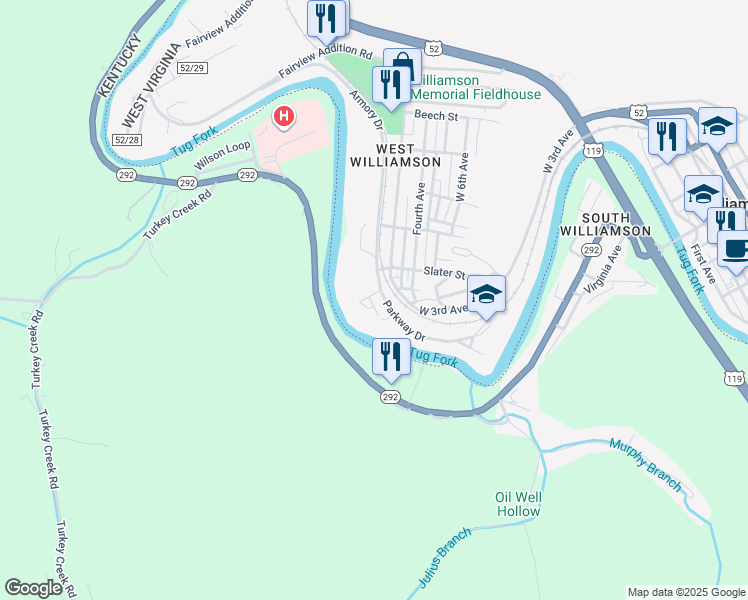 map of restaurants, bars, coffee shops, grocery stores, and more near 1-99 Damron Drive in Williamson
