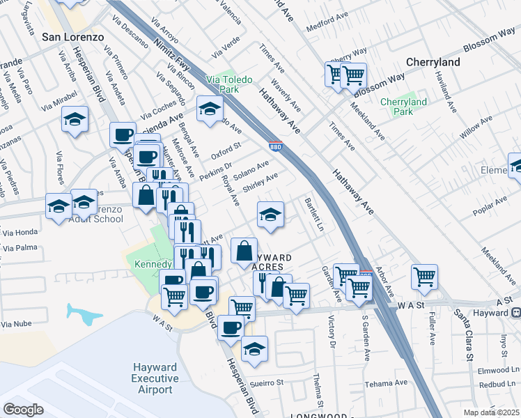 map of restaurants, bars, coffee shops, grocery stores, and more near 527 Bartlett Avenue in Hayward