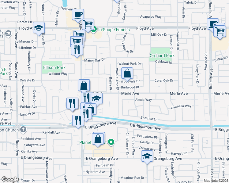 map of restaurants, bars, coffee shops, grocery stores, and more near 2401 Merle Avenue in Modesto