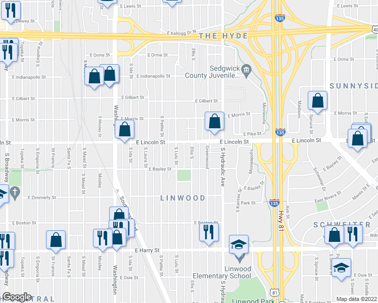 map of restaurants, bars, coffee shops, grocery stores, and more near 1215 Ellis South in Wichita