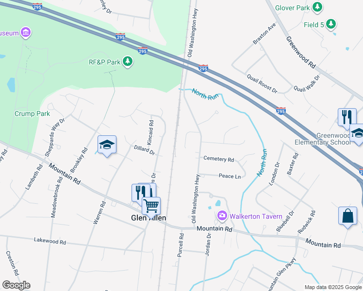 map of restaurants, bars, coffee shops, grocery stores, and more near 2920 Allens Crossing in Glen Allen