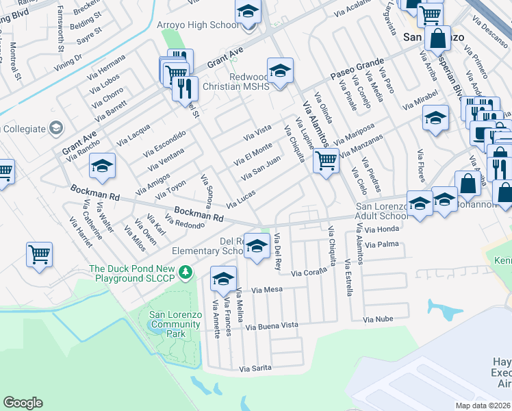 map of restaurants, bars, coffee shops, grocery stores, and more near 1497 Via Manzanas in San Lorenzo