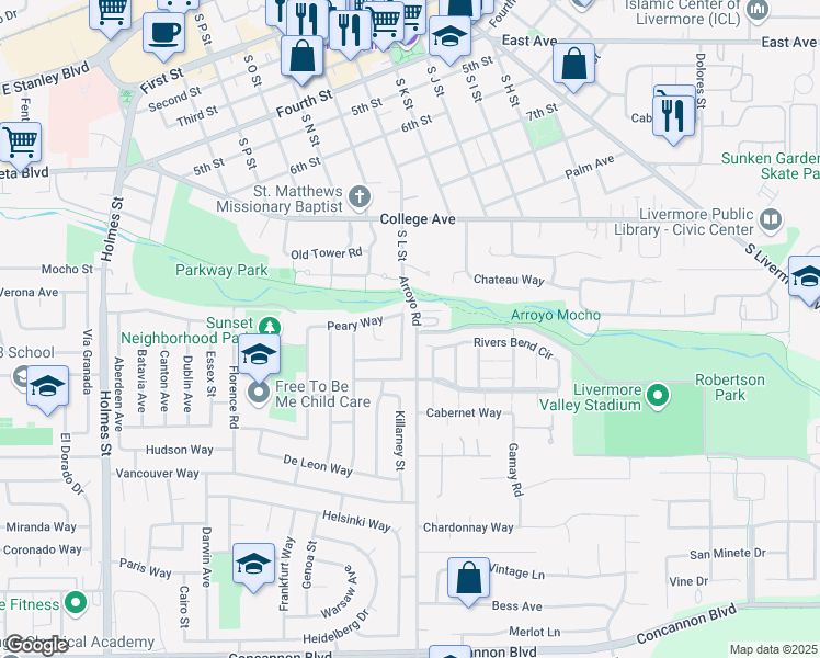 map of restaurants, bars, coffee shops, grocery stores, and more near 1963 De Vaca Way in Livermore