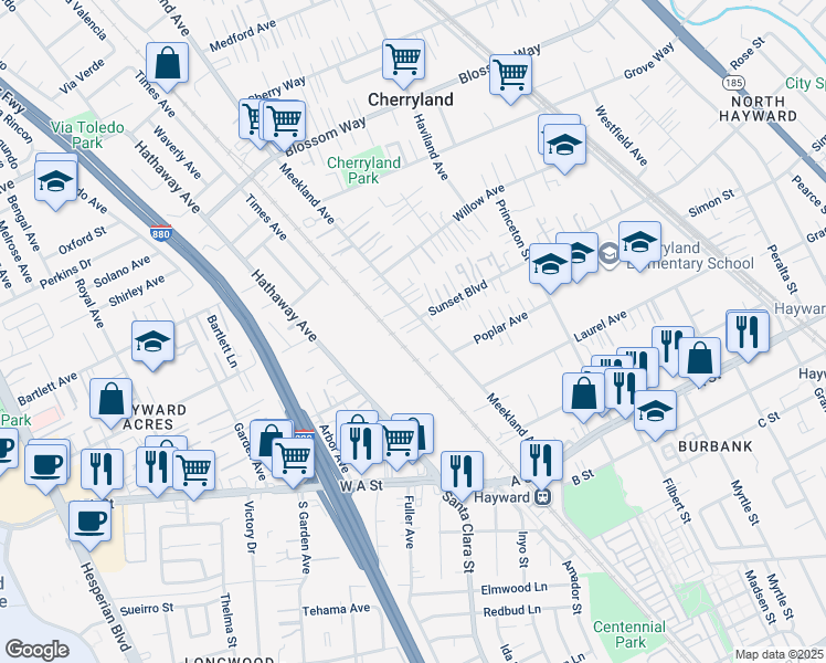 map of restaurants, bars, coffee shops, grocery stores, and more near 21921 Meekland Ave in Hayward