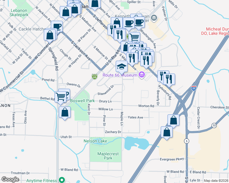 map of restaurants, bars, coffee shops, grocery stores, and more near 18 Belwood in Lebanon