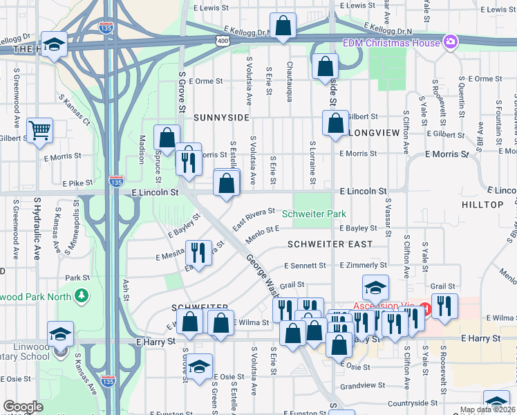 map of restaurants, bars, coffee shops, grocery stores, and more near 2804 East Rivera Street in Wichita