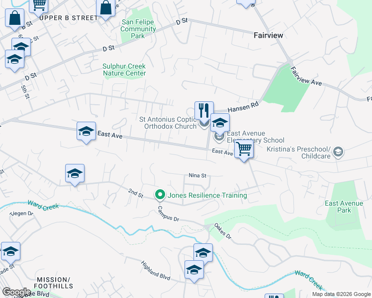 map of restaurants, bars, coffee shops, grocery stores, and more near 2195 East Avenue in Hayward