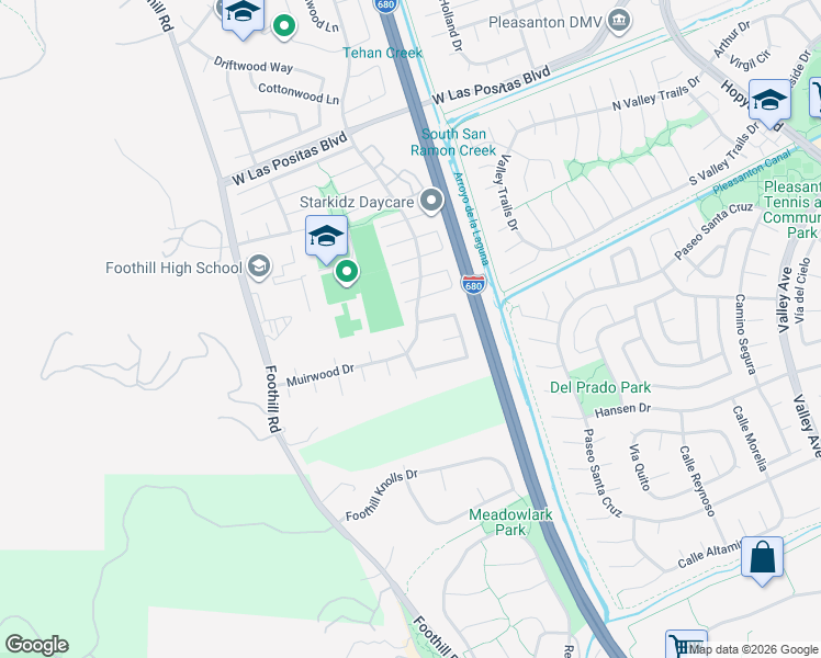 map of restaurants, bars, coffee shops, grocery stores, and more near 3822 Muirwood Drive in Pleasanton