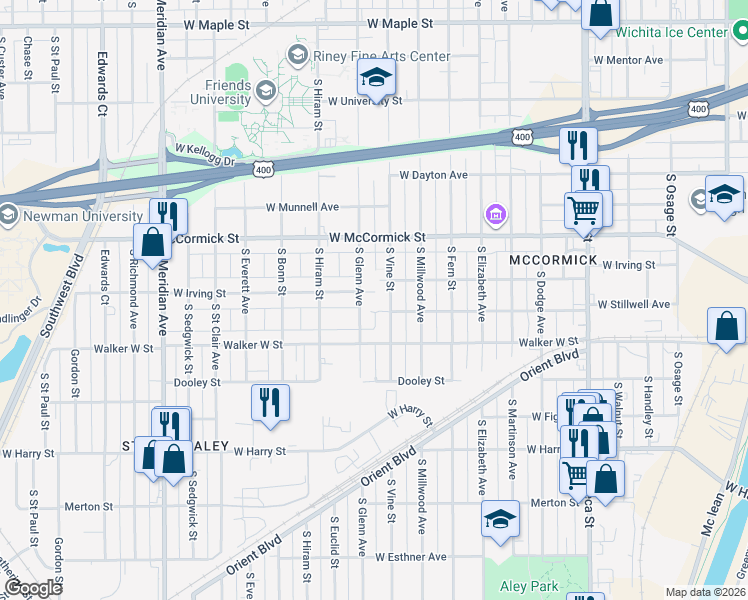 map of restaurants, bars, coffee shops, grocery stores, and more near 1817 West Irving Street in Wichita