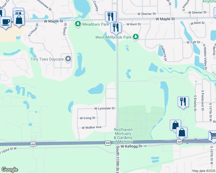 map of restaurants, bars, coffee shops, grocery stores, and more near 12110 Mickey Drive in Wichita