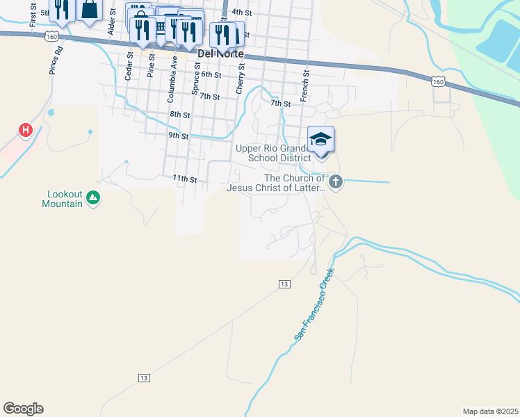map of restaurants, bars, coffee shops, grocery stores, and more near 150-160 Chico Drive in Del Norte