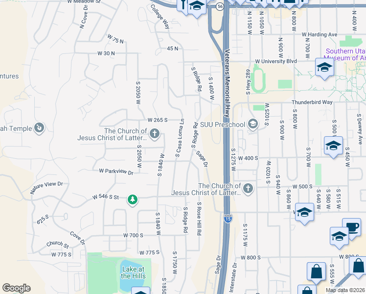 map of restaurants, bars, coffee shops, grocery stores, and more near 369 South Casa Loma Lane in Cedar City