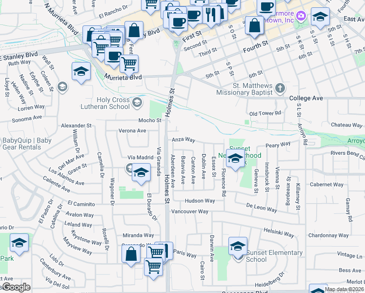 map of restaurants, bars, coffee shops, grocery stores, and more near 1314 Balboa Way in Livermore