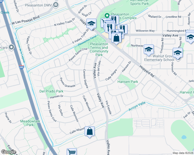 map of restaurants, bars, coffee shops, grocery stores, and more near 5979 Vía del Cielo in Pleasanton