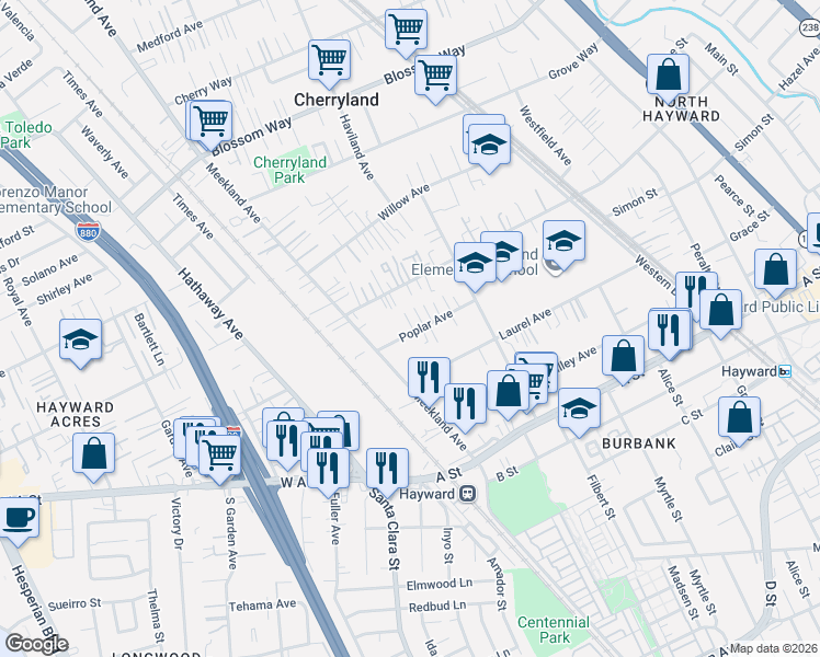 map of restaurants, bars, coffee shops, grocery stores, and more near 172 Poplar Avenue in Hayward