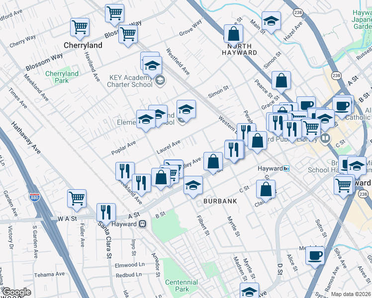 map of restaurants, bars, coffee shops, grocery stores, and more near 389 Laurel Avenue in Hayward