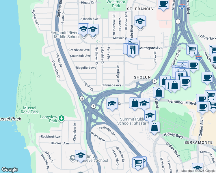 map of restaurants, bars, coffee shops, grocery stores, and more near 665 Clarinada Avenue in Daly City