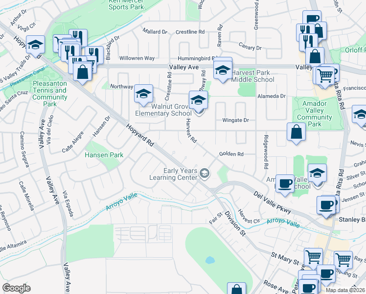 map of restaurants, bars, coffee shops, grocery stores, and more near 1802 Halcyon Court in Pleasanton