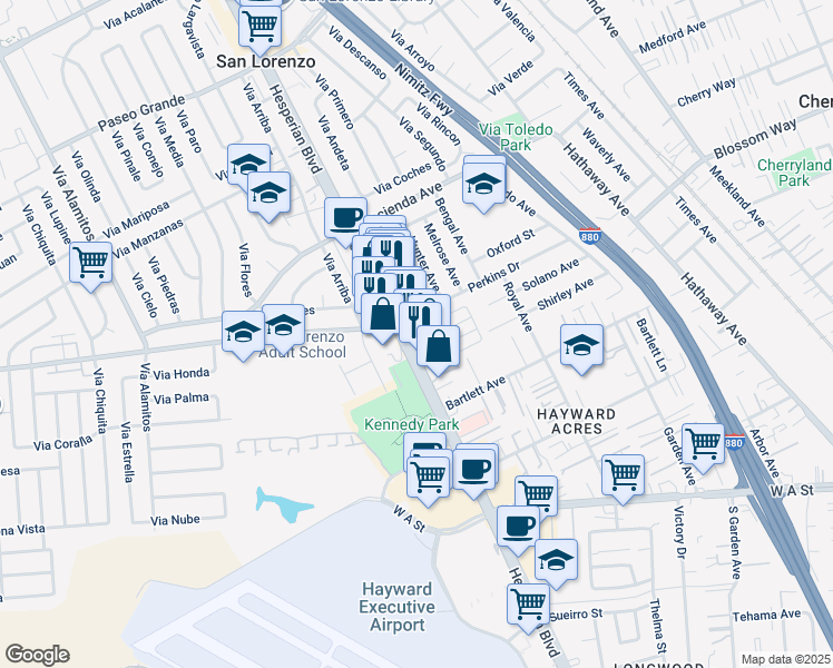 map of restaurants, bars, coffee shops, grocery stores, and more near 18600 Hesperian Boulevard in Hayward