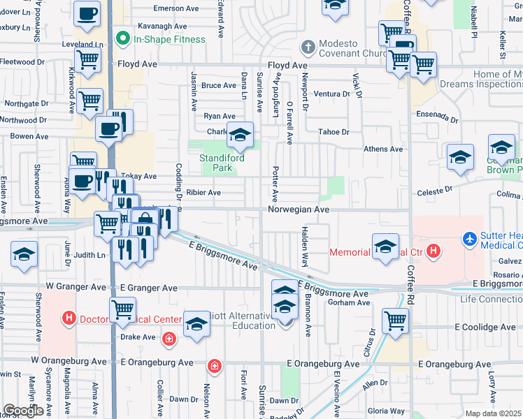 map of restaurants, bars, coffee shops, grocery stores, and more near Norwegian Ave & Sunrise Ave in Modesto