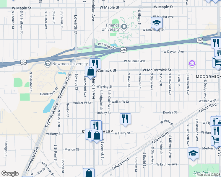 map of restaurants, bars, coffee shops, grocery stores, and more near 2211 West Irving Street in Wichita