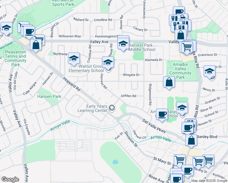 map of restaurants, bars, coffee shops, grocery stores, and more near 1661 Tanglewood Court in Pleasanton