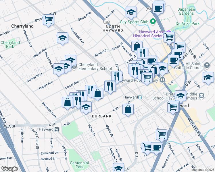 map of restaurants, bars, coffee shops, grocery stores, and more near 521 Smalley Avenue in Hayward