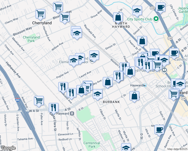 map of restaurants, bars, coffee shops, grocery stores, and more near 389 Laurel Avenue in Hayward