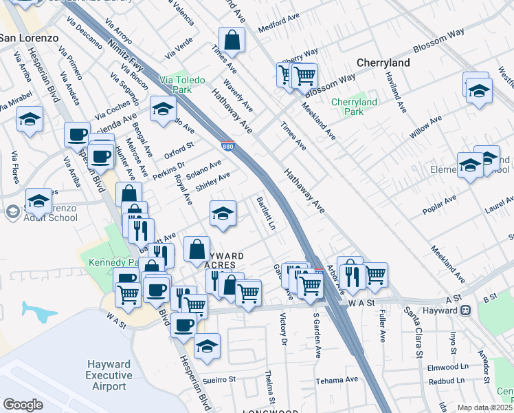 map of restaurants, bars, coffee shops, grocery stores, and more near 20837 Bartlett Lane in Hayward