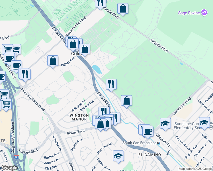 map of restaurants, bars, coffee shops, grocery stores, and more near 1715 Mission Road in South San Francisco